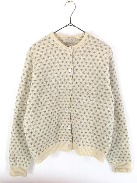 レディース 古着 90s J Crew バーズアイ 総柄 シェルボタン ウール ニット カーディガン L