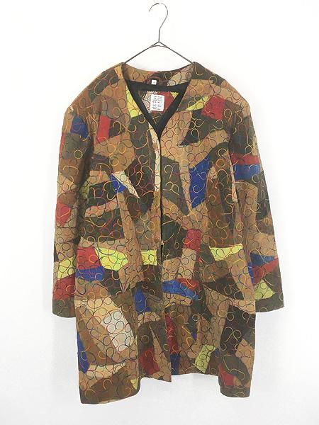 レディース 古着 本革 カラフル チェーンステッチ パッチワーク スエード レザー コート XL