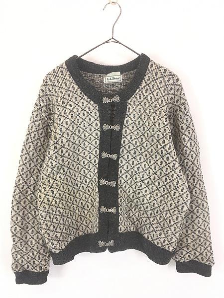レディース 古着 80s Norway製 LL Bean ダイヤ チェック ハート ウール ニット カーディガン M