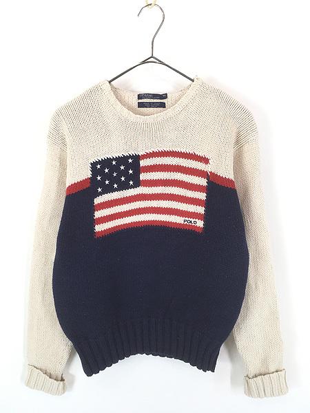 レディース 古着 90s Polo Ralph Lauren 星条旗 フラッグ コットン ニット セーター M