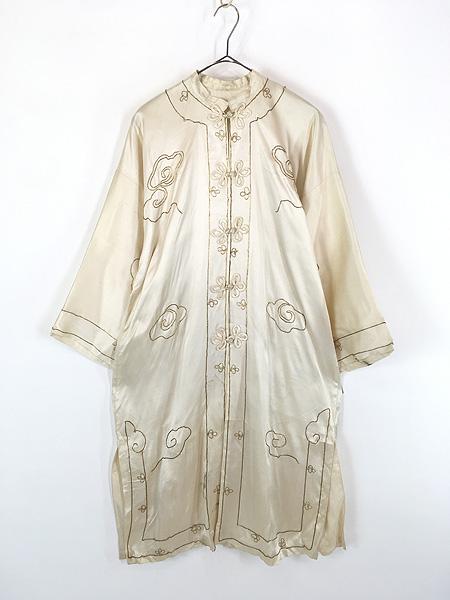 レディース 古着 60-70s Health ドラゴン 龍 ゴールド 刺しゅう 光沢 シルク チャイナ ガウン M位