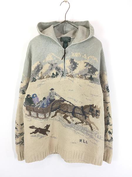 レディース 古着 90s LAUREN Ralph Lauren 雪山 ソリ 風景 総柄 ハーフジップ ウール ニット セーター パーカー L