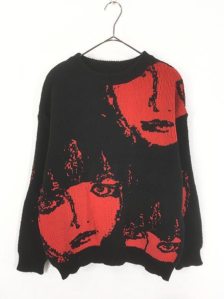 レディース 古着 90s- 顔 フェイス  アート デザイン ニット セーター  XL