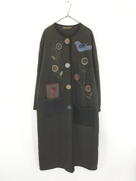 レディース 古着 80-90s Artclothes 鳥 花 パッチワーク ノーカラー ウール コート S/M