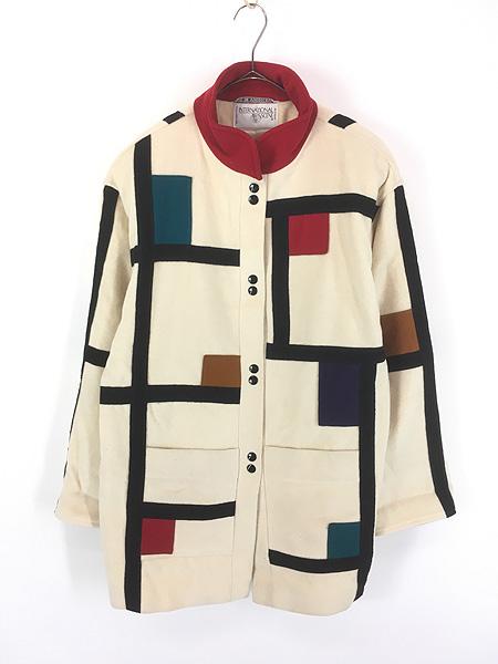 レディース 古着 80s INTERNATIONAL SCENE カラフル ブロック モンドリアン風 スタンドネック ウール コート L位