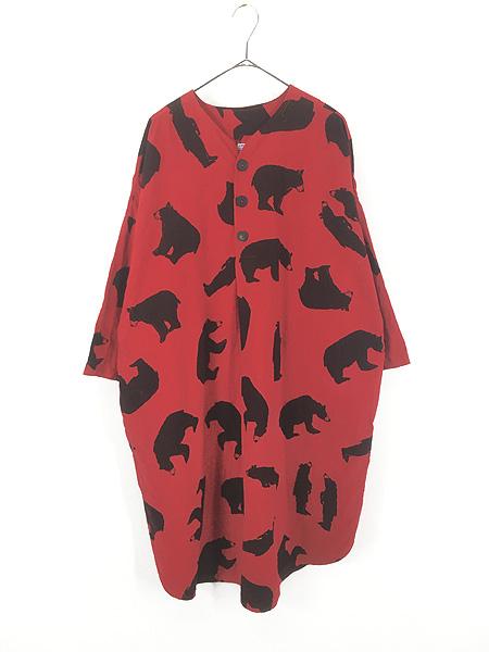 レディース 古着 80s USA製 Michigan Rag 熊 アニマル 総柄 フランネル シャツ ワンピース ひざ丈 L/XL