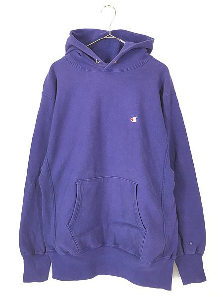 古着 90s USA製 Champion Reverse Weave ワンポイント リバース スウェット パーカー ネイビー XL 古着