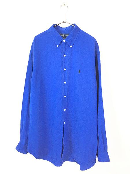 古着 90s Ralph Lauren 「BLAKE」 ワンポイント ソリッド シルク リネン BD シャツ 青 XL 古着