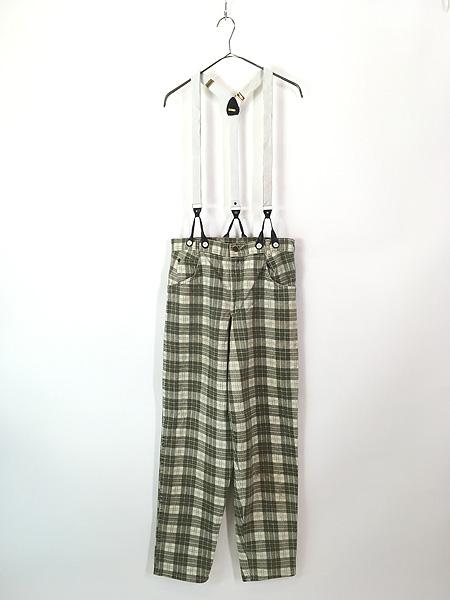 古着 80s USA製 COTLER グリーン チェック 5ポケット コットン サスペンダー パンツ テーパード 31M