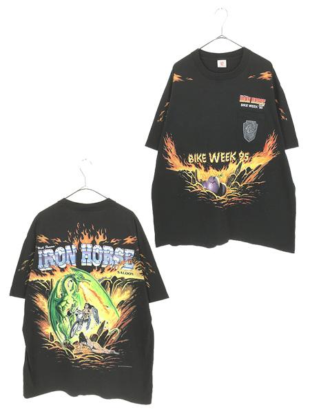 古着 90s USA製 IRON HORSE 「BIKE WEEK 95」 ファイヤー バイク ドラゴン グラフィック ポケット Tシャツ ポケT XXL 古着