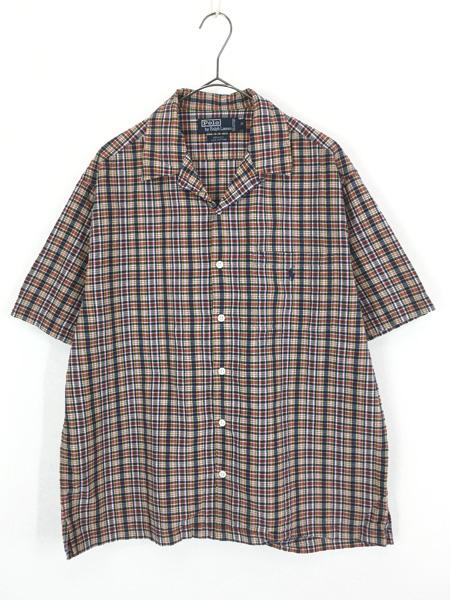 古着 90s Polo Ralph Lauren 「ADAMS」 カラフル マルチ チェック ポケット付 半袖 開襟 ボックス シャツ M 古着