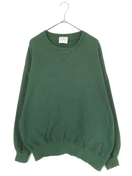 古着 90s USA製 LL Bean × Russell Wネーム 無地 ソリッド 前V ヘビー スウェット トレーナー グリーン XL