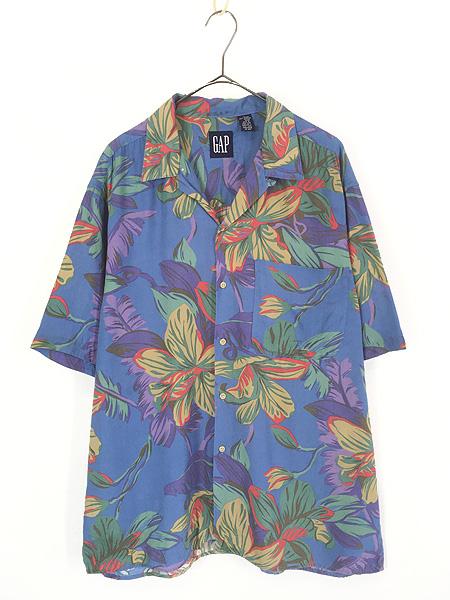 古着 90s GAP ボタニカル フラワー 総柄 開襟 レーヨン ボックス シャツ 半袖 L