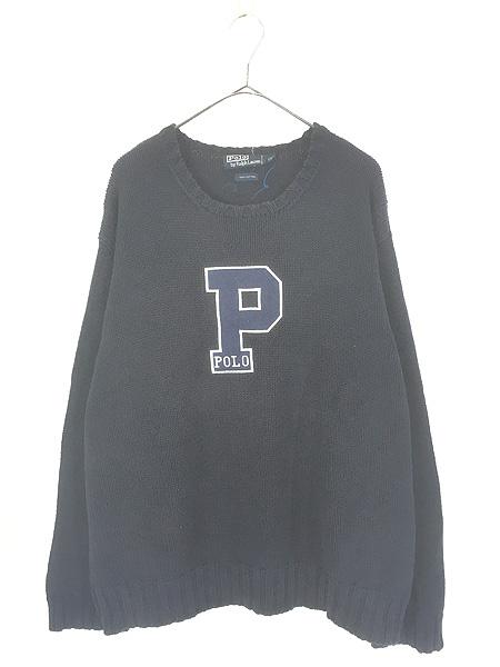 古着 90s Polo Ralph Lauren 「P」 フェルト パッチ コットン ニット セーター XXL
