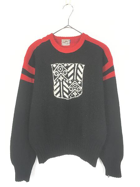 古着 50s Kandahar フラワー モチーフ 針抜き ローゲージ ウール ニット セーター L