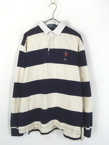 古着 90s Polo Ralph Lauren 「POLO BEAR」 ポロベア ネイビー×アイボリー ボーダー ラガー ラグビー シャツ M