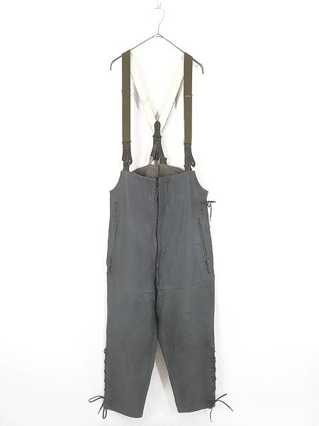 古着 60s ドイツ軍 ミリタリー 本革 グレー レザー サブマリン サスペンダー パンツ 174/96/78