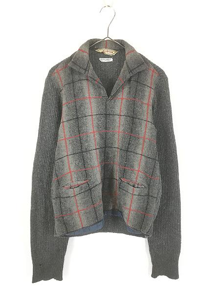 古着 60s USA製 McGREGOR ニット コンビ シャドー チェック プルオーバー 開襟 ボックス ウール シャツ ジャケット M