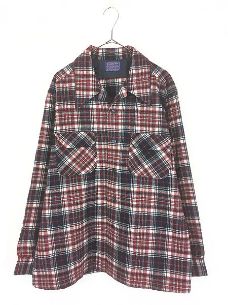 古着 70s USA製 Pendleton ホワイト×レッド×ネイビー チェック 開襟 ボックス ウール ボード シャツ XL