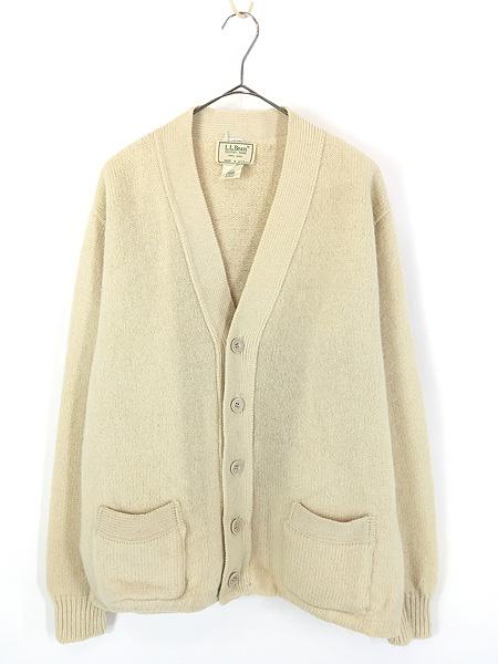 古着 80s USA製 LL Bean パチポケ ピュア ウール ニット カーディガン オフホワイト L