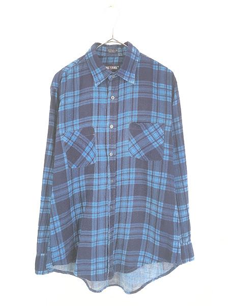 古着 80s BIG YANK ネイビー × ブルー バッファロー チェック コットン フランネル シャツ ネルシャツ M
