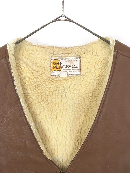 古着 80s USA製 W.B.PLACE & Co. ボア フリース ライナー 本革 レザー スポーツ ベスト 48