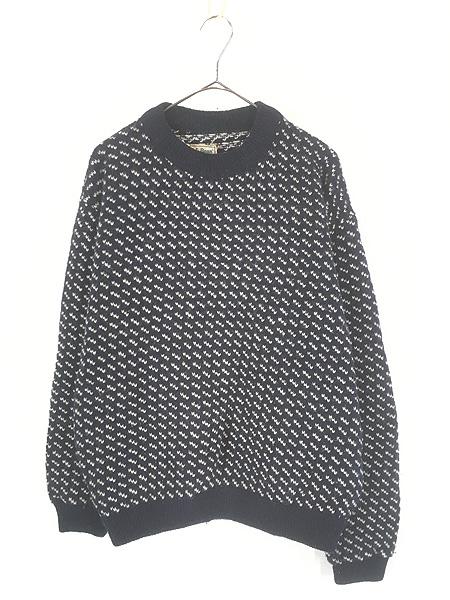 古着 80s ノルウェー製 LL Bean ネイビー×ホワイト バーズアイ ヘビー ウール ニット セーター XL