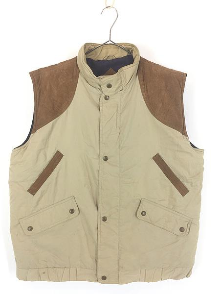 古着 80s USA製 Eddie Bauer 本革 レザー ガンパッチ コットン ナイロン シェル グース ダウン ベスト L