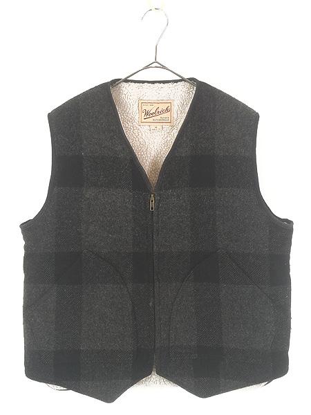古着 90s USA製 WoolRich ボア フリース ライナー ブラック × グレー ブロック チェック ウール ベスト M