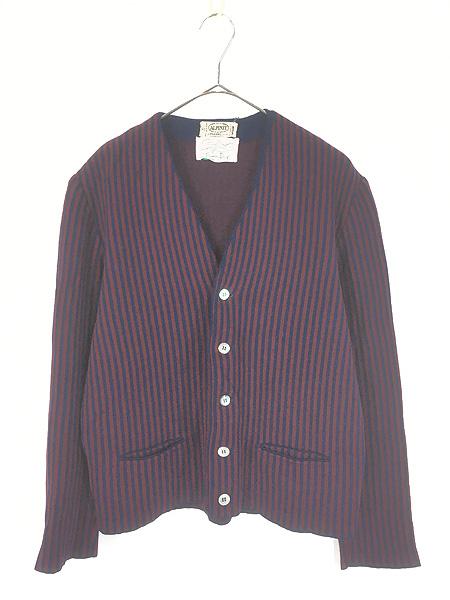 古着 60s スイス製 ALPINIT ネイビー × レッド ストライプ ウール ニット モッズ カーディガン 40