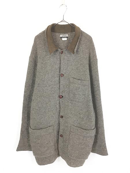 古着 90s Authentic Atelier 本革 スエード レザー 襟 フランネル ウール ニット カバーオール ジャケット L
