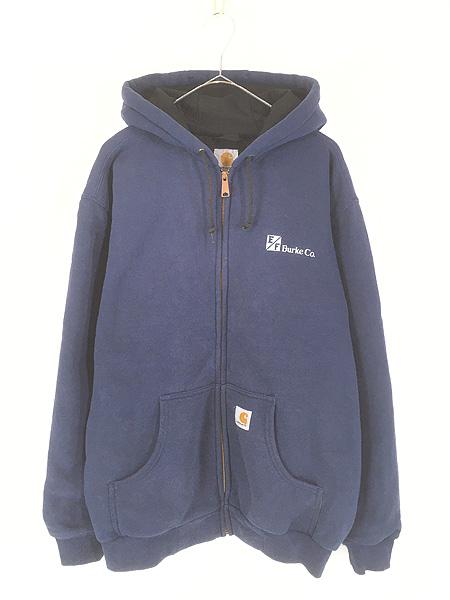 古着 Carhartt 裏地 メッシュ ワンポイント パッチ スウェット ジップ パーカー ネイビー M