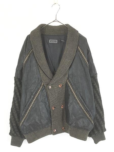 古着 90s SAXONY 本革 レザー ショールカラー ダブルブレスト アクリル ニット カーディガン ジャケット L