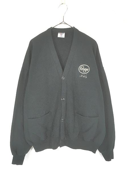 古着 90s JERZEES 「Kroger」 スーパーマーケット 刺しゅう ワンポイント パチポケ スウェット カーディガン ブラック OSFA