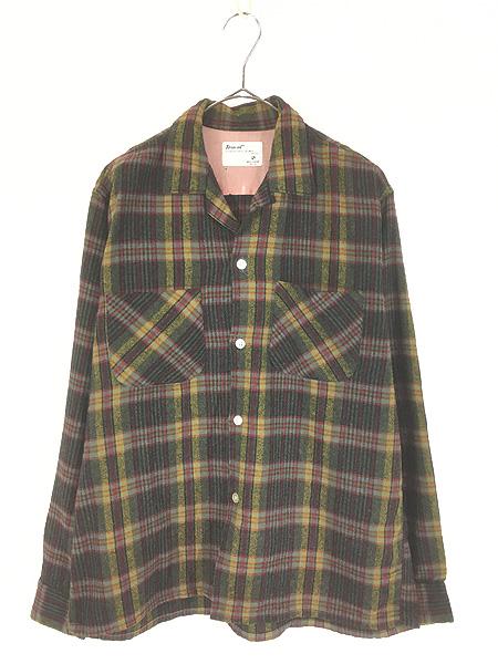 古着 60s Truval 好配色 ブラック チェック 開襟 ウール ボックス シャツ M