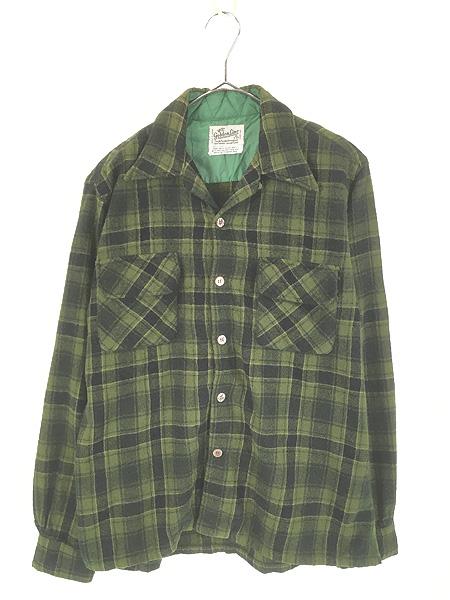 古着 70s Golden Line オリーブ × ブラック チェック ウール ボックス シャツ M