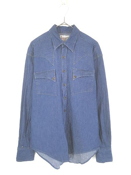 古着 90s USA製 Rockmount ダイアゴナルポケット 濃紺 ブルー デニム ウエスタン シャツ S