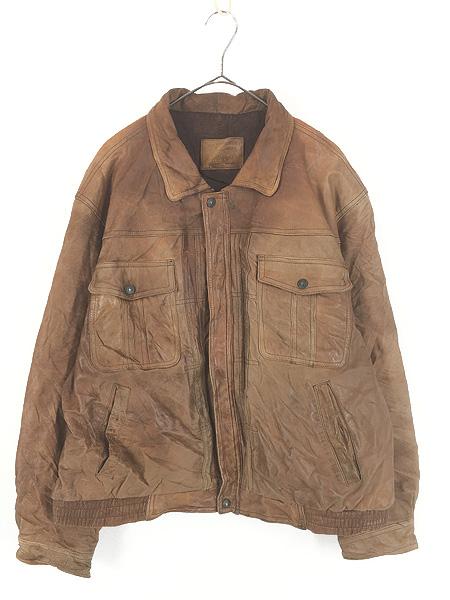 古着 90s Levi's フロント プリーツ 比翼 本革 カウ レザー トラッカー ジャケット XL位
