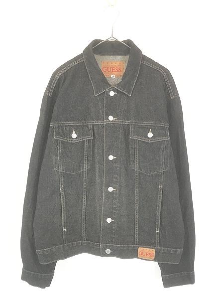 古着 90s USA製 GUESS 真黒 先染め スーパー ブラック デニム トラッカー ジャケット Gジャン L