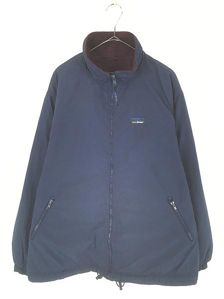 古着 90s LL Bean リブなし 「Warm-up Jacket」 フリース ライナー シェルド ウォームアップ ジャケット ネイビー XL位