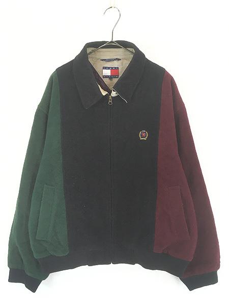 古着 90s   ブラック×グリーン×ボルドー 3カラー パデット ウール スウィングトップ ジャケット L