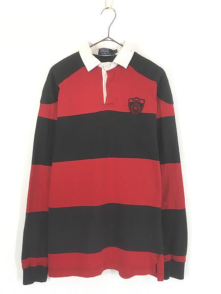 古着 90s USA製 Polo Ralph Lauren ブラック×レッド エンブレム パッチ ラガー ラグビー シャツ M