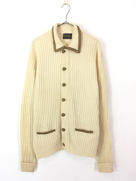古着 60s USA製 PURITAN スエード レザー パイピング 襟付 ロカビリー ウール ニット カーディガン M