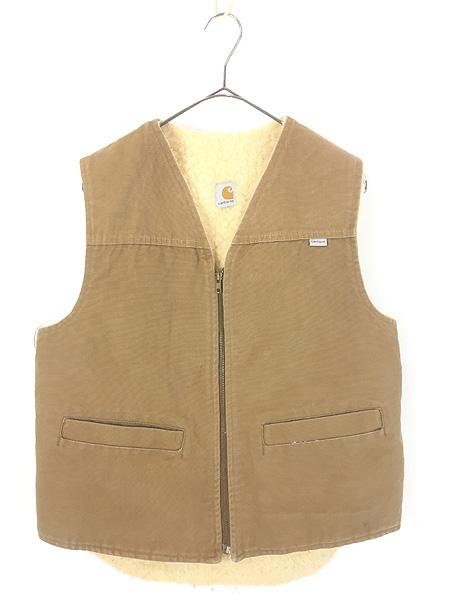 古着 80s USA製 Carhartt 裏ボア オールド ブラウン ダック Vネック ワーク ベスト M