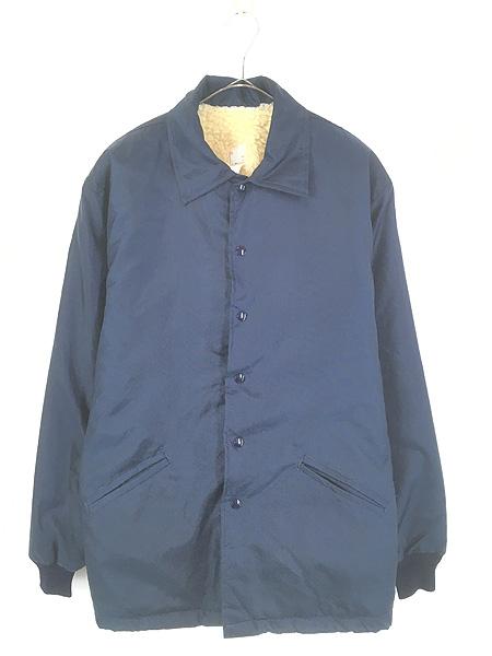 古着 80s USA製 felco 無地 プレーン 裏地 パイル ボア ナイロン コーチ ジャケット ネイビー L