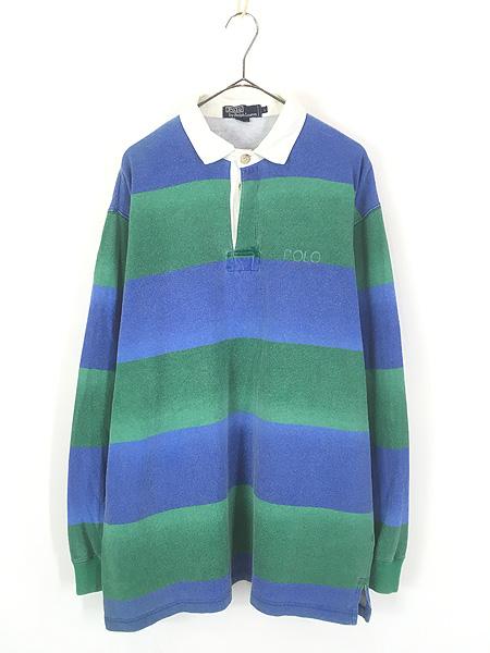 古着 90s Polo Ralph Lauren 「POLO SPORT」 ブルー×グリーン ワイド ボーダー ラガー ラグビー シャツ L