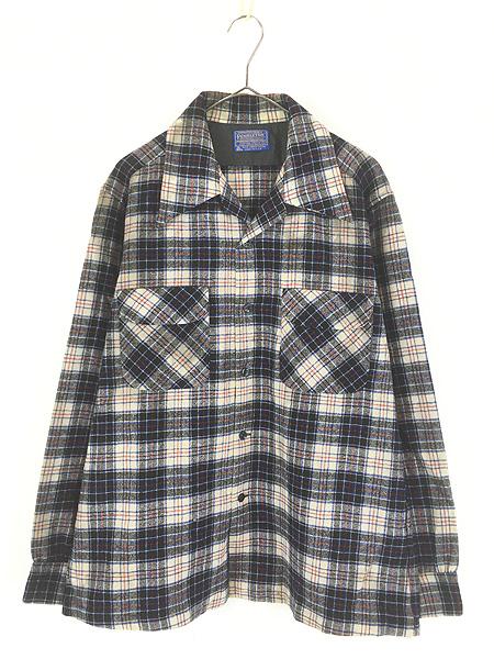 古着 70s USA製 Pendleton ホワイト タータン チェック 開襟 ボックス ウール ボード シャツ L