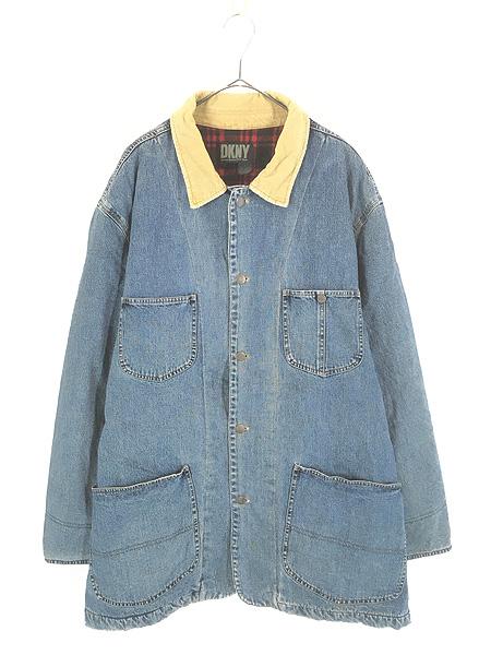 古着 90s DKNY バッファロー チェック ライナー コーデュロイ襟 ブルー デニム カバーオール ジャケット L