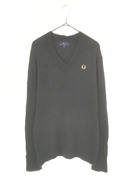 古着 Italy製 FRED PERRY ケーブル編み Vネック ブラック モヘア ライト ニット セーター 44