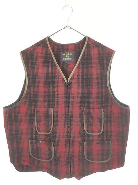 古着 00s WoolRich レッド&ブラック チェック ウール ハンティング ビーチ ベスト 2XL